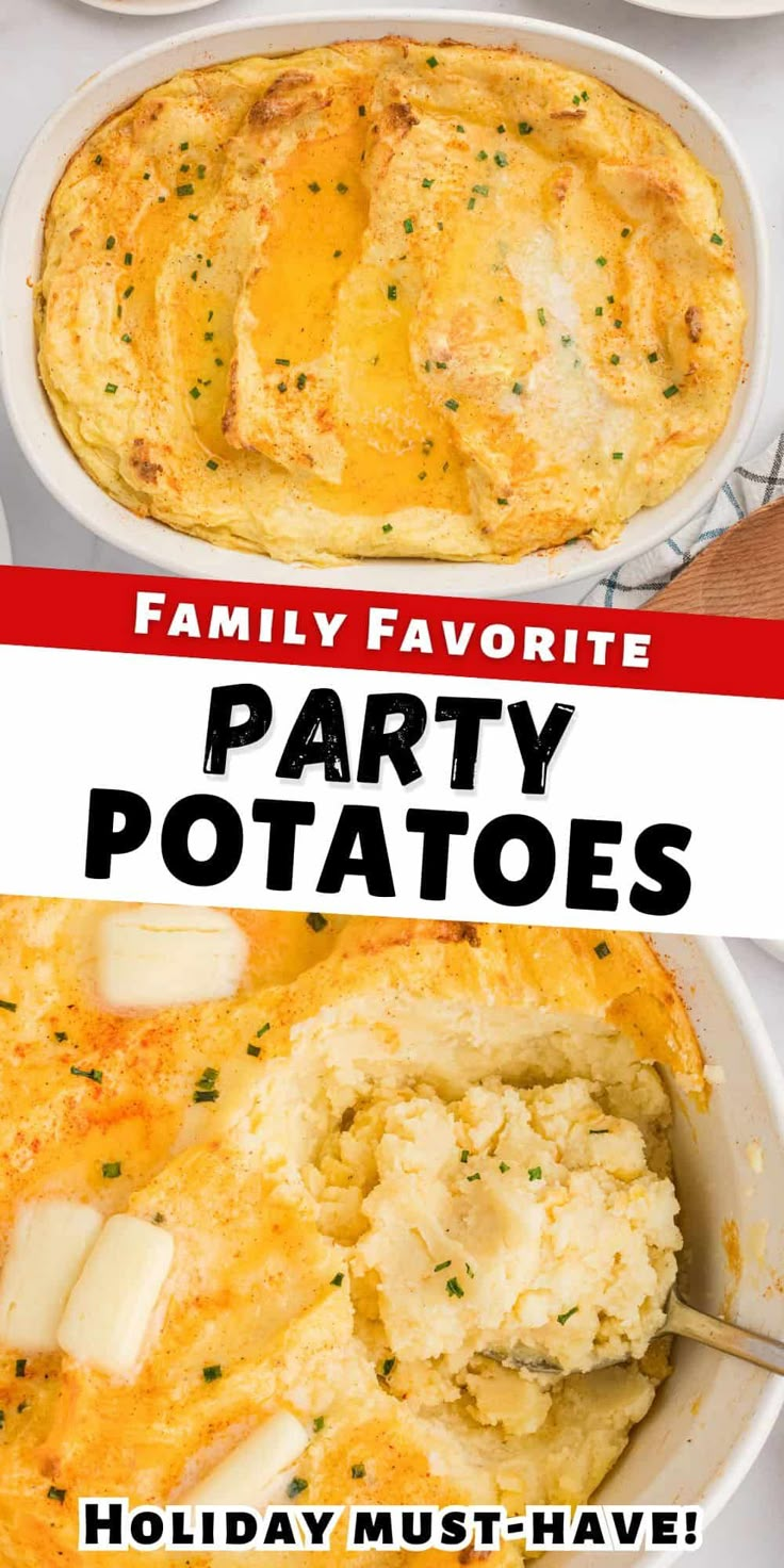 two plates filled with potato casserole next to the words family favorite party potatoes