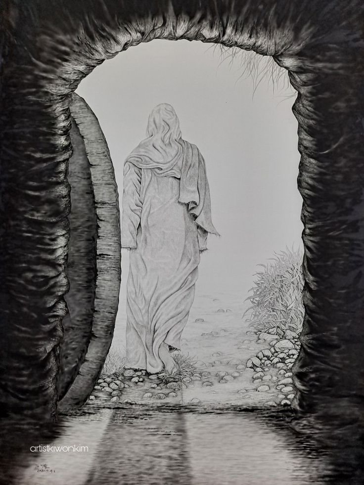 a black and white drawing of a person walking through a tunnel