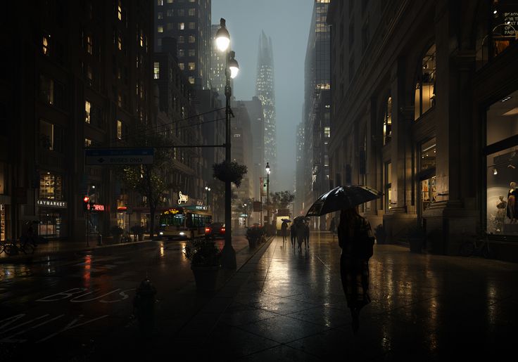 a person with an umbrella is walking down the street in the rain on a rainy night