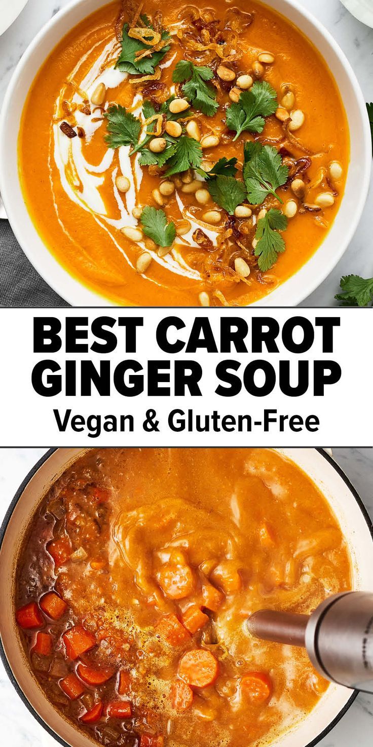 Carrot ginger soup recipe Carrots Recipe Healthy, Carrot Ginger Soup Recipe, Vegan Carrot Soup, Carrot Soup Recipes, Carrot Ginger Soup, Ginger Soup, Fall Soup Recipes, Vegan Soup Recipes, Carrot And Ginger