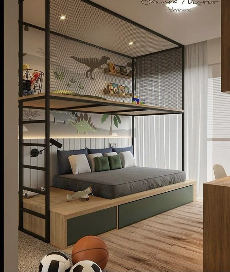 a bedroom with a bunk bed and soccer balls on the floor in front of it