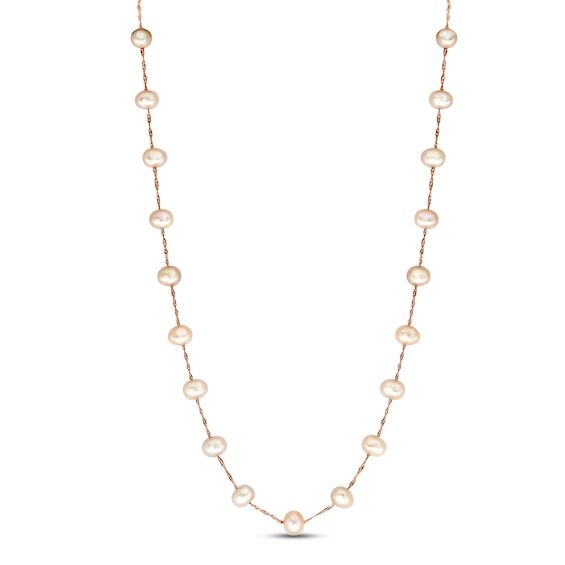 Lustrous pink freshwater cultured pearls adorn graceful stations around this sensational women's necklace from the Lali Jewels Collection. Fashioned in 14K rose gold, the 18-inch rope chain secures in place with a spring ring clasp. Rose Gold Pearl Chain Necklace, Classic Rose Gold Akoya Pearl Necklace, Rose Gold Akoya Pearl Necklace With Pearl Drop, Rose Gold Akoya Pearl Necklace With Pearl Charm, Rose Gold Single Strand Pearl Necklace, Rose Gold Akoya Pearl Necklaces With Pearl Drop, Rose Gold Akoya Pearl Drop Necklace, Women's Necklace, Jared The Galleria Of Jewelry