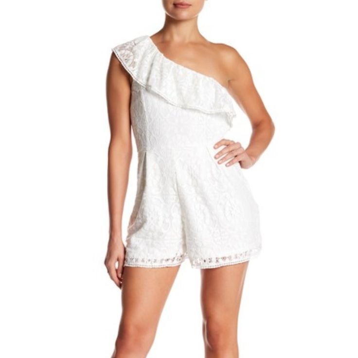 Nsr | Msrp $78 | Size Medium - One Shoulder - Sleeveless - Side Hidden Zip With Hook-And-Eye Closure - Ruffle Popover - Inverted Pleats On Short - Lace Construction - Lined Fiber Content Self: 62% Cotton, 38% Nylon Lining: 100% Polyester Care Dry Clean Chic Lace Jumpsuits And Rompers For Summer, Fitted Lace Jumpsuits And Rompers For Summer, Summer Lace Fitted Jumpsuits And Rompers, White Sleeveless Jumpsuits And Rompers For Brunch, White Sleeveless Jumpsuit For Brunch, Feminine Sleeveless Jumpsuits And Rompers For Brunch, Feminine Sleeveless Jumpsuits For Brunch, One Shoulder Jumpsuits And Rompers For Date Night, One-shoulder Jumpsuits And Rompers For Date Night In Summer