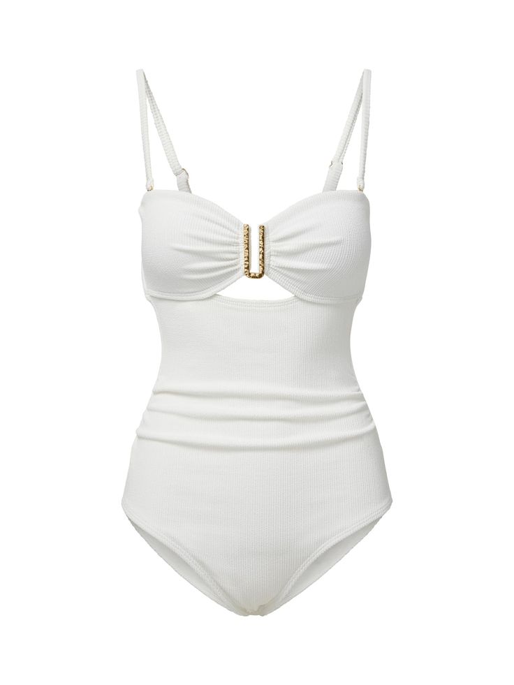 A timeless summer staple, the sleek Lisa Bandeau One Piece swimsuit features a sweetheart neckline, an elevated gold hammered U-ring trim and a sexy and subtle peekaboo. Perfect for the beach or your hotel rooftop pool, this swimsuit is made from a textured recycled fabric which offers SPF50+ protection.  Color: Ivory Fabric: 88% Recycled Repreve® Nylon 12% Spandex Certified UPF50+ Fully lined Power mesh compression liner at interior front waist Pull-on style Removable, Adjustable, and Convertib Cute Swimsuits One Piece, Hotel Rooftop Pool, Hotel Rooftop, White One Piece Swimsuit, Swimsuits One Piece, Swimsuit White, Swimsuit One Piece, Bandeau One Piece Swimsuit, Bandeau Swimsuit