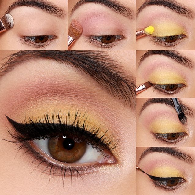 Makeup To Match Yellow Dress, Yellow Eyeshadow Makeup, Amber Eye Makeup, Simple Yellow Makeup, Yellow Prom Makeup Looks, Make Up For Yellow Outfit, Haldi Mekup Simple, Simple Yellow Eye Makeup, Prom Makeup For Yellow Dress