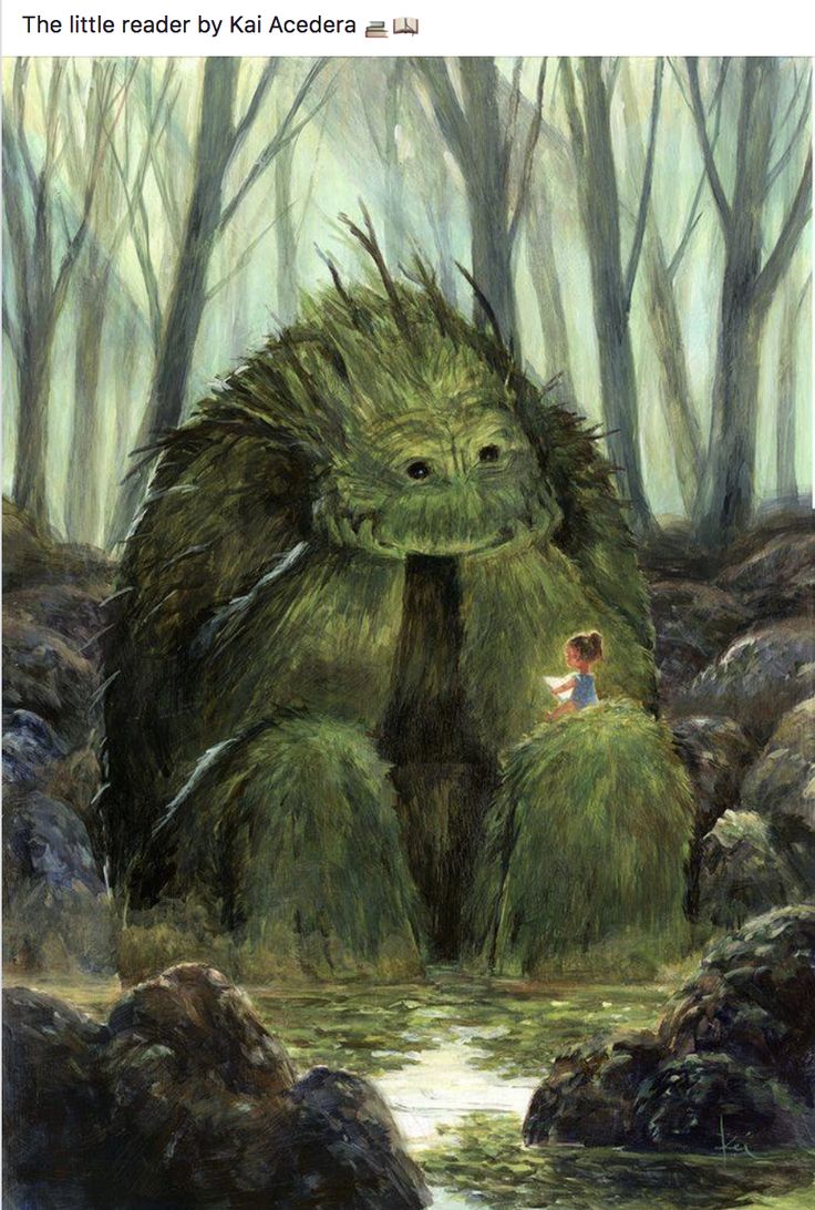 a painting of a bigfoot sitting in the middle of a forest with trees and rocks