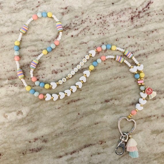 CUSTOM BEADED LANYARD | Etsy Beaded Badge Lanyard, Wood Bead Lanyard Diy, Teacher Lanyard Beaded Id Badge Holders, Cute Lanyard Ideas, White Round Beads Necklace For Everyday Use, Adjustable Beaded Chain Lanyard For Gift, White Lanyard With Colorful Beads As Gift, White Lanyard With Colorful Beads For Gifts, Gift Beaded Chain Lanyard