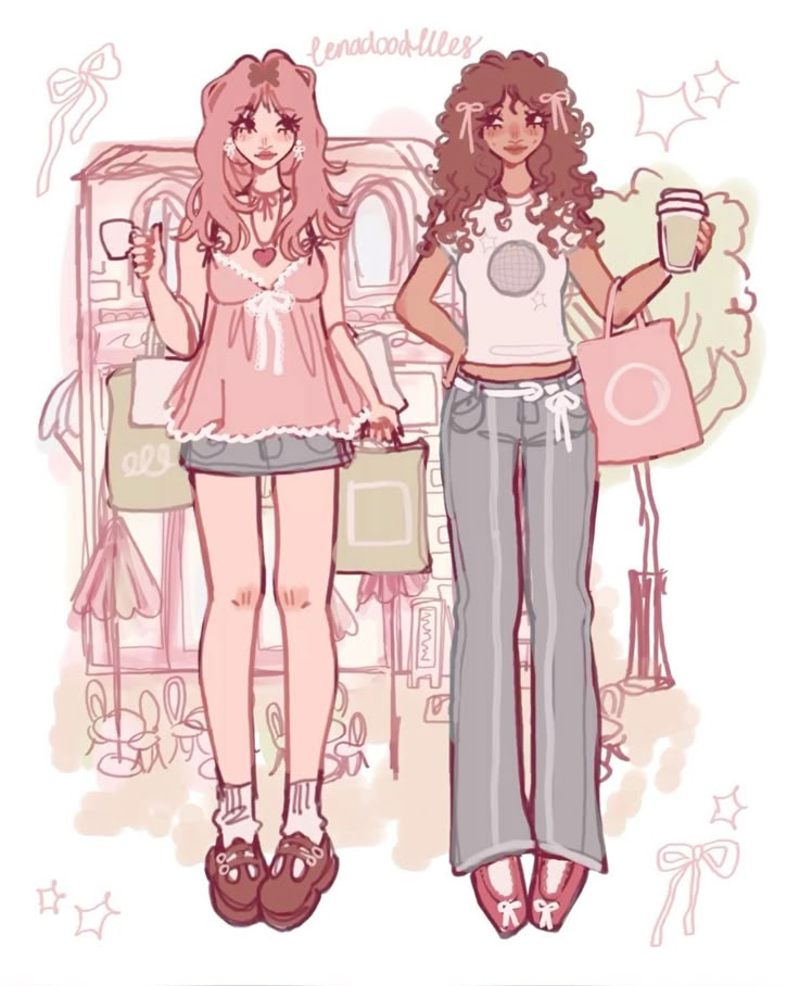 two young women standing next to each other holding shopping bags and drinking coffee in their hands