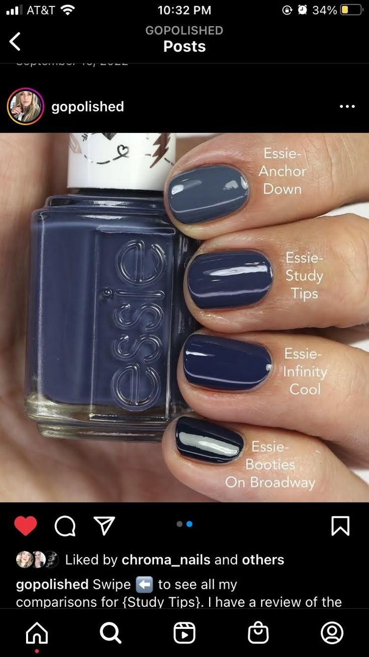 Essie Dark Blue Nail Polish, Smokey Blue Nails, Nail Designs Teal, Blue Nail Polish Colors, Dark Blue Nail, Dark Blue Nail Polish, Fall Nail Polish Colors, Nail Polish Essie, Dark Blue Nails