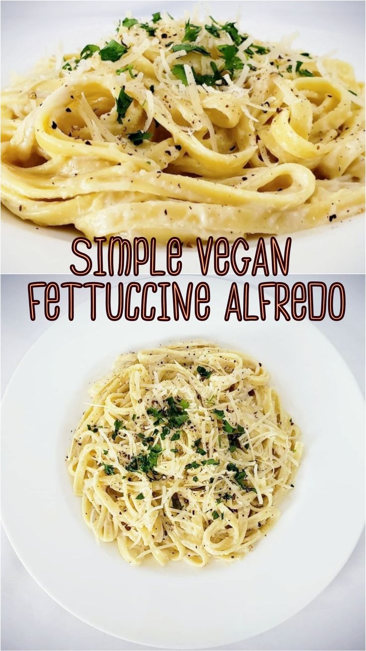 two different types of pasta on plates with the words simple vegan fettuccine alfredo