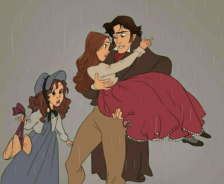 two people are hugging in the rain while one person is holding an umbrella and another woman has her arms around him