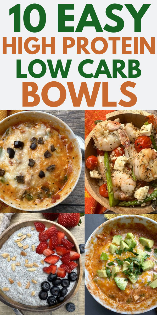 Images of 4 high protein bowls including pizza bowl, Mexican bowl, cottage cheese bowl and shrimp bowl. Easy High Protein Bowls, Protein Bowls Low Carb, High Protein Low Carb Meals Easy, Low Carb Bowls Healthy, Low Carb Protein Bowls, Low Carb High Protein Bowls, Low Carb And High Protein Recipes, Keto Bowls Recipes, Easy Protein Bowls