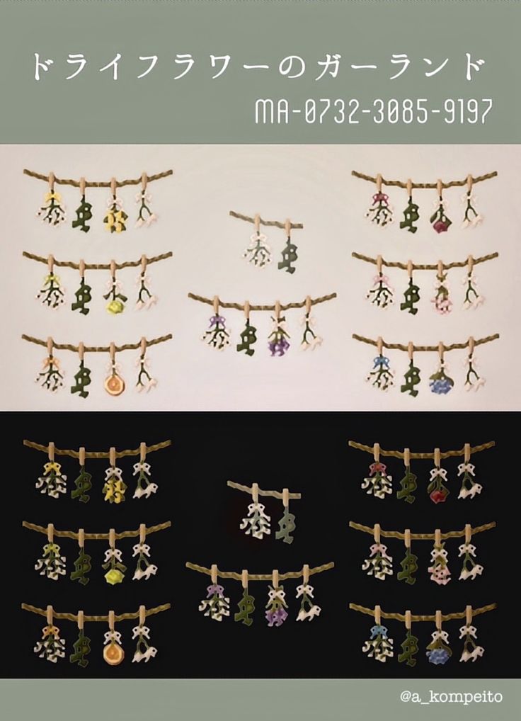 an advertisement with several different types of necklaces hanging from clothes pins and strings in various colors