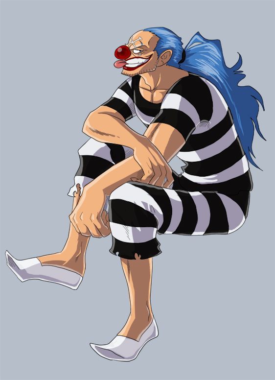 a cartoon character with blue hair sitting on the ground wearing jail clothes and clown makeup