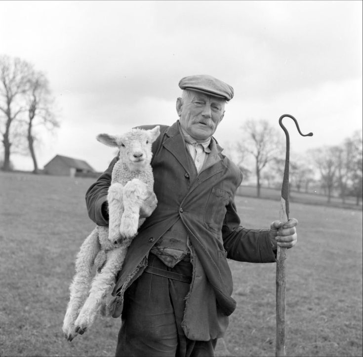 an old man holding a sheep in his arms