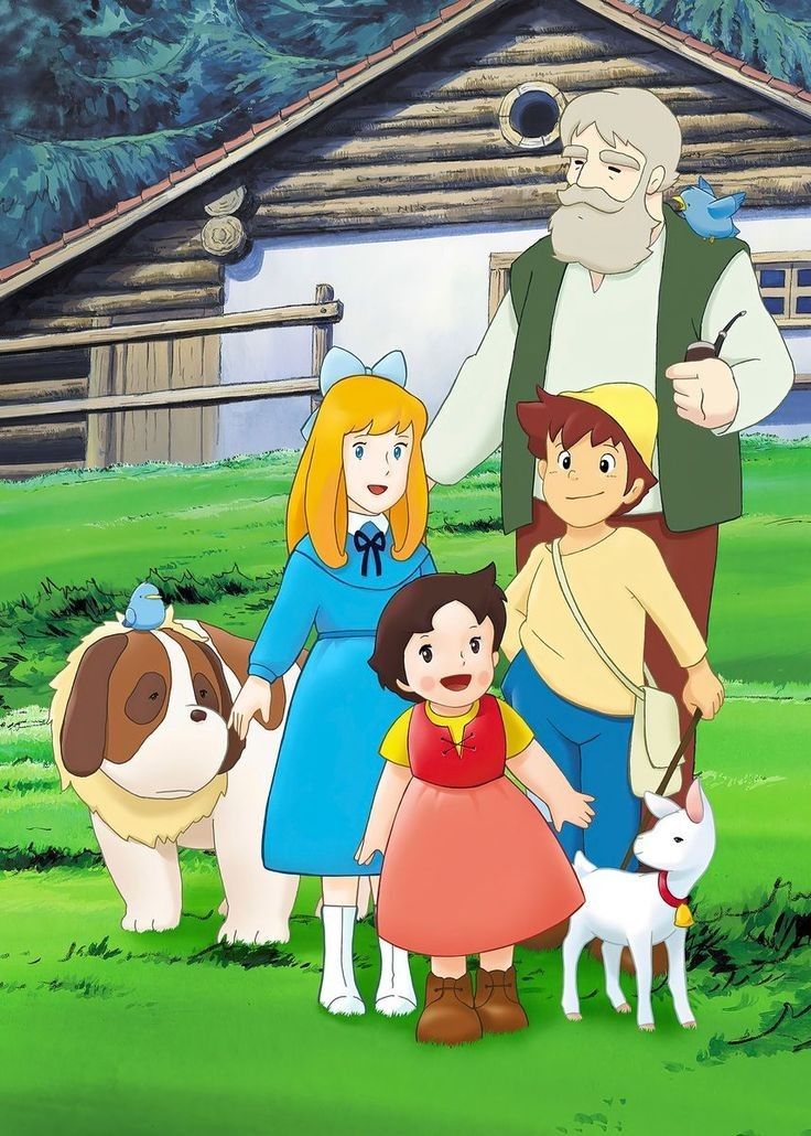 an animated family standing in front of a house with two dogs and a man holding the hand of a child