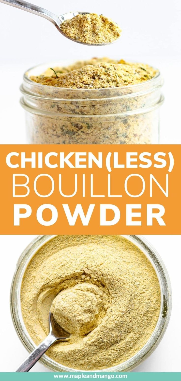 chickenless bouilon powder in a glass jar with a spoon full of it