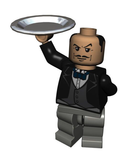 a lego man holding a silver plate in his hand