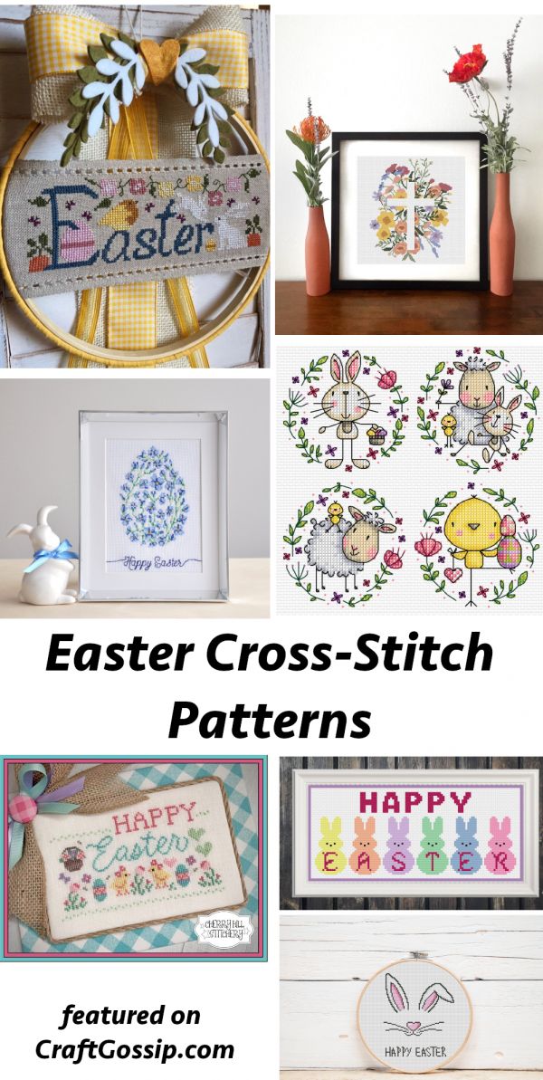 cross - stitch patterns for easter are featured in this collage with the words happy