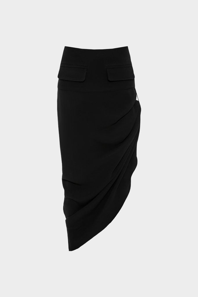 Midi skirt featuring an asymmetrical hem and ruching on both sides. Double flap pockets and concealed zipper at the back. Fit runs true to size Asymmetrical Hem Skirt, Fashion Study, Study Style, Hem Skirt, Asymmetrical Skirt, Asymmetrical Hem, Both Sides, Asymmetric Hem, Flap Pocket