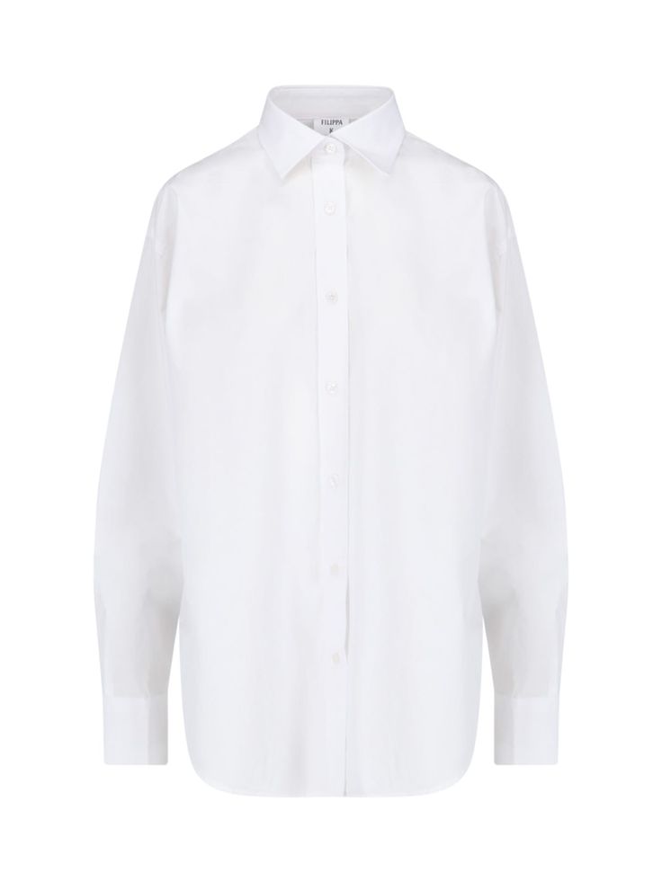 Classic Filippa K white cotton shirt with classic collar, button closure, button cuffs, curved hem. Composition: 100% Cotton White Lapel Collar Blouse With Placket, White Blouse With Lapel Collar And Placket, Classic White Blouse With Placket, White Business Blouse With Placket, White Blouse With Placket For Business, White Shirt With Lapel Collar For Daywear, White Blouse With Concealed Placket And Fold-down Collar, Classic Oversized Blouse, Oversized Classic Blouse