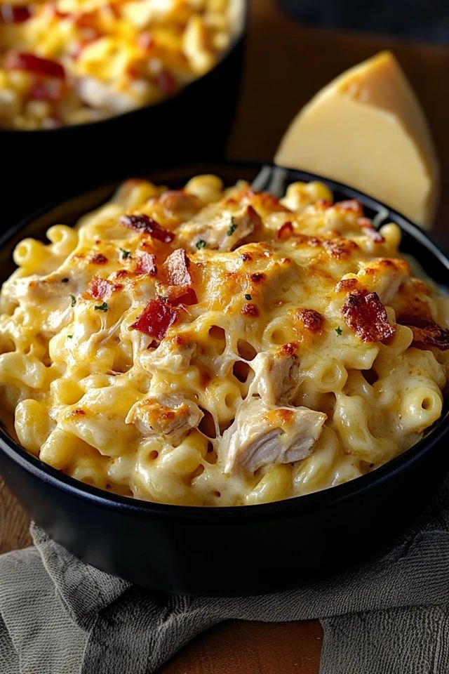 macaroni and cheese with bacon in a black bowl on a wooden table next to two slices of cheese