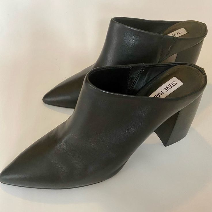 Nwot, Steve Madden Mules In Black Leather. Pointed Toe, Size 8.5, Never Worn, Great Condition. Classic Leather Mules With 4-inch Heel, Leather Mules With 4-inch Heel For Work, Synthetic Mules With Stacked Heel For Work, Synthetic Pointed Toe Mules For Work, Closed Toe Mules For Evening In Fall, Workwear Pointed Toe Synthetic Mules, Formal Closed Toe Synthetic Mules, Synthetic Almond Toe Mules For Office, Formal Synthetic Closed Toe Mules