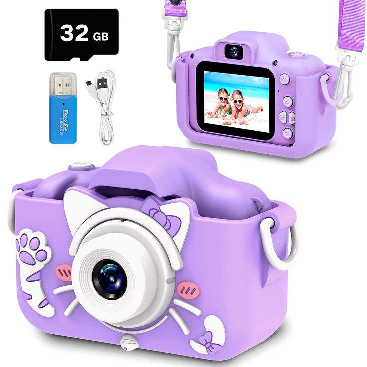 a purple camera with two cameras attached to it