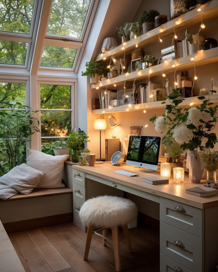 a home office with lots of plants and lights