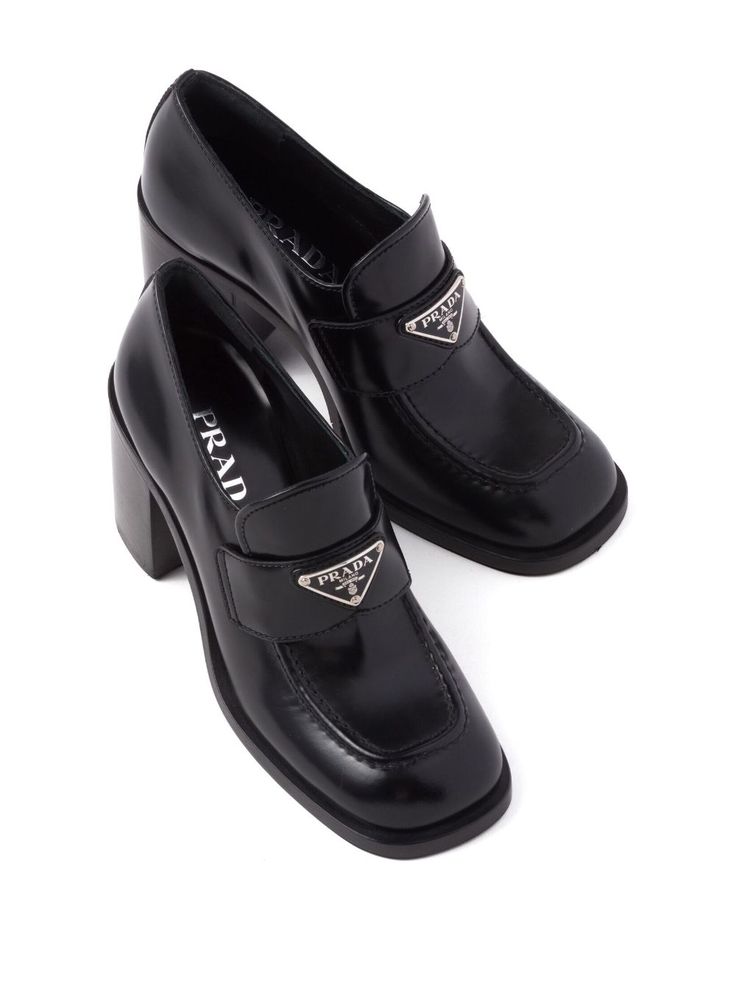 Find PRADA Block-heel Brushed-leather Loafers on Editorialist. black leather brushed finish panelled design enamel triangle logo branded footbed round toe high block heel Leather Loafers With Padded Heel And Pointed Toe, Black Loafers With Reinforced Heel For Business, Black Business Loafers With Reinforced Heel, Modern Business Loafers With Padded Heel, Sleek Black Calf Leather Loafers, Designer Leather Loafers With Pointed Toe, Black Loafers With Padded Heel And Almond Toe, Black Loafers With Pointed Toe And Reinforced Heel, Black Pointed Toe Loafers With Padded Heel