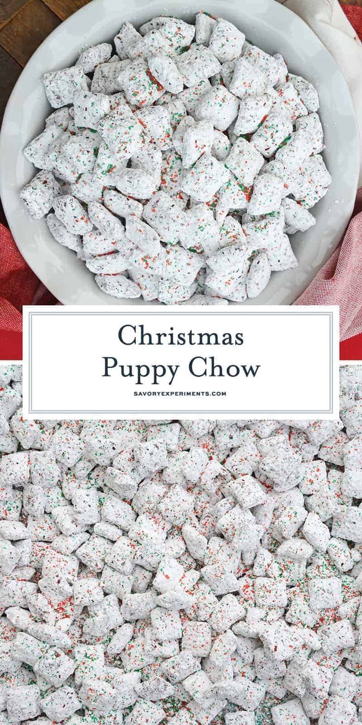 christmas puppy chow recipe in a white bowl with sprinkles on the side