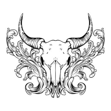 a bull's skull with horns and floral designs on the front, in black and white