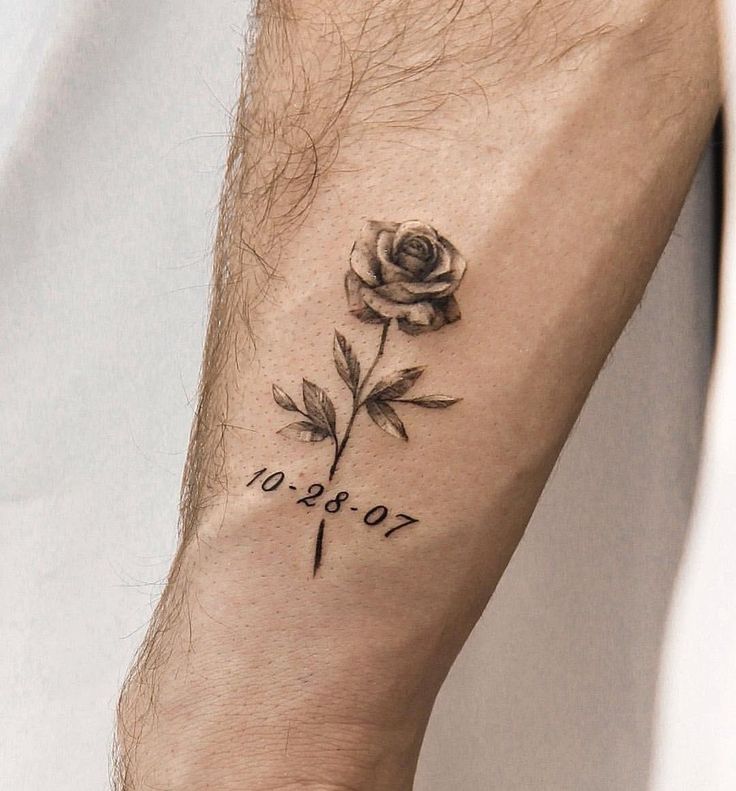 a small rose tattoo on the wrist with numbers and date tattooed to it's side