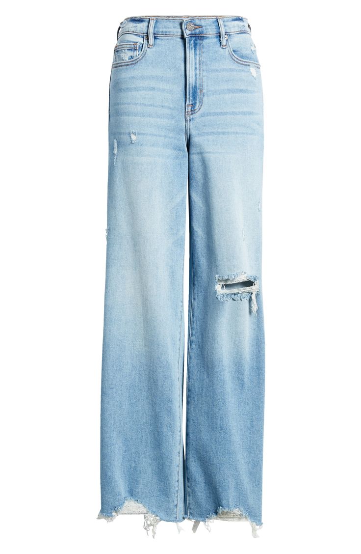 A modern take on '90s dad jeans, this stretchy pair adds drama to your look with a ripped knee, destroyed hems and roomy, full-length legs. 31" inseam; 11 1/2" front rise Zip fly with button closure Five-pocket style 93% cotton, 5% polyester, 2% spandex Machine wash, tumble dry Imported Relaxed Fit Light Wash Ripped Flare Jeans, Trendy Ripped Relaxed Fit Cropped Jeans, Trendy Relaxed Fit Ripped Cropped Jeans, Trendy Ripped Cropped Jeans With Relaxed Fit, Distressed Relaxed Fit Cropped Cutoff Jeans, Medium Wash Ripped Relaxed Fit Flare Jeans, Distressed Cropped Cutoff Jeans With Relaxed Fit, Relaxed Fit Ripped Denim Blue Flare Jeans, Ripped Relaxed Fit Cropped Jeans