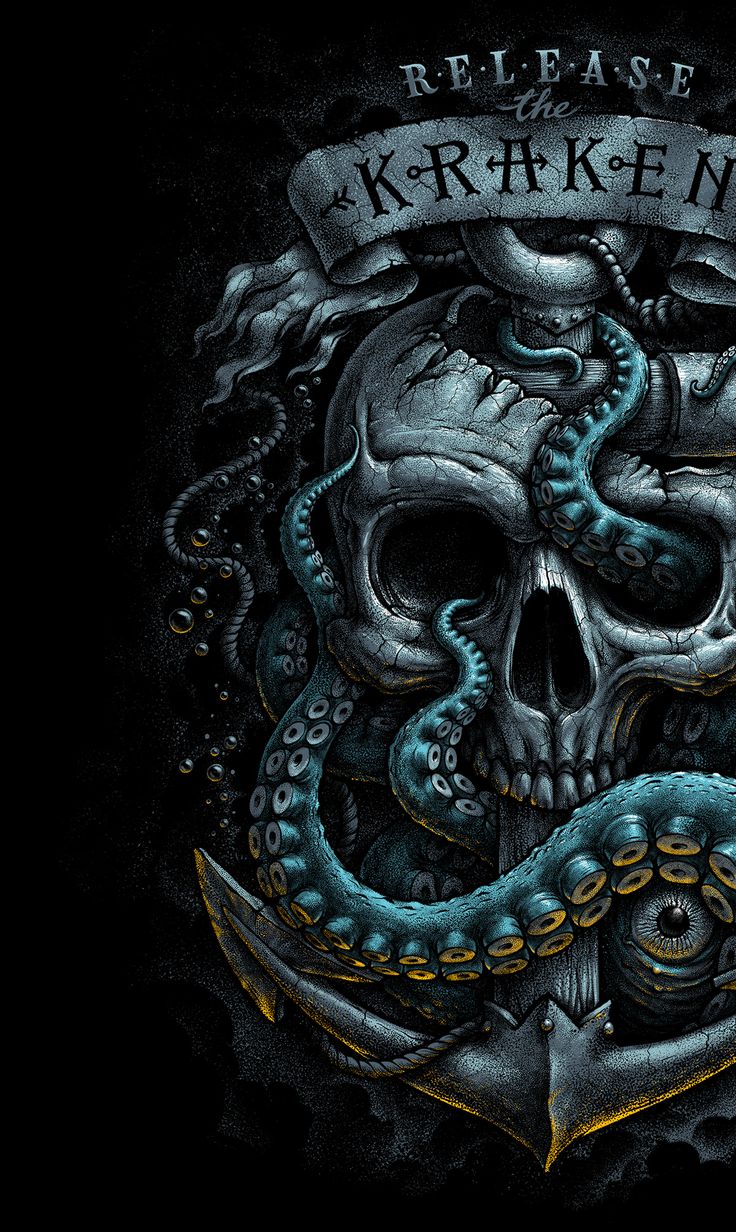 a skull with an octopus on it and the words kraken written above it