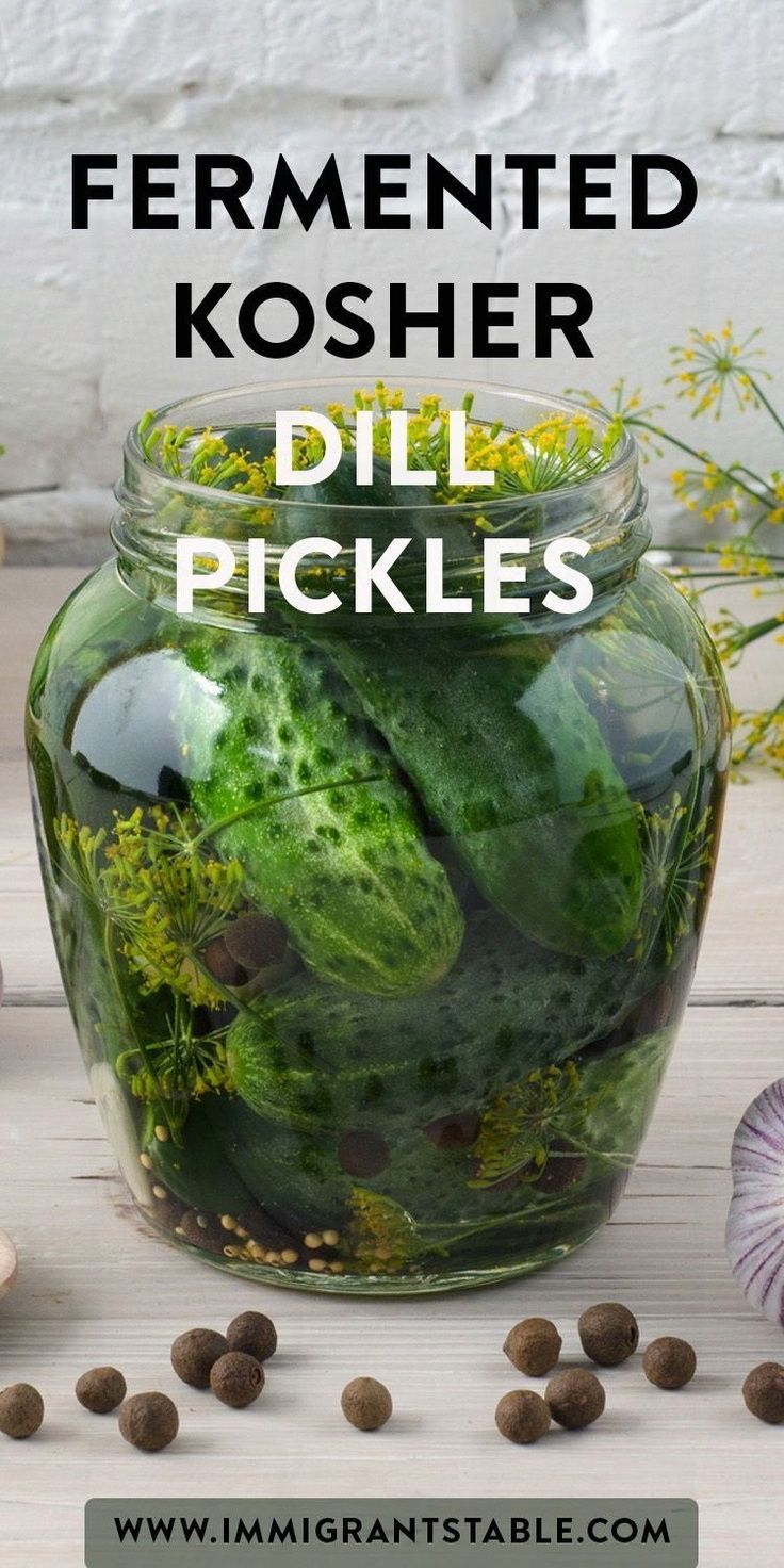 pickles in a jar with the title fermented kosher dill pickles