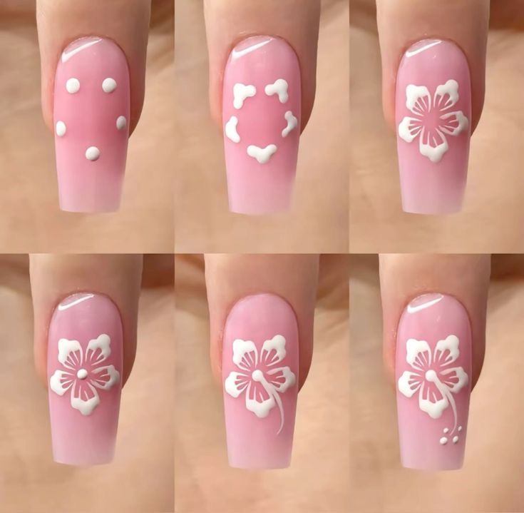 Nails Hibiscus, Hibiscus Flower Nails, Hibiscus Nail Art, Carcase Iphone, Acrylic Inspiration, Girly Acrylic, Cute Simple Nails, Flowers Tutorial, Girly Acrylic Nails