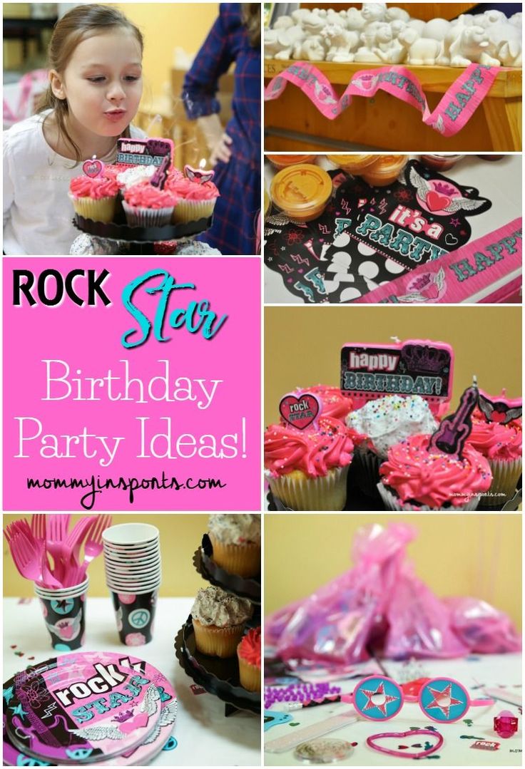 rock star birthday party ideas with pink and black decorations, cupcakes and desserts