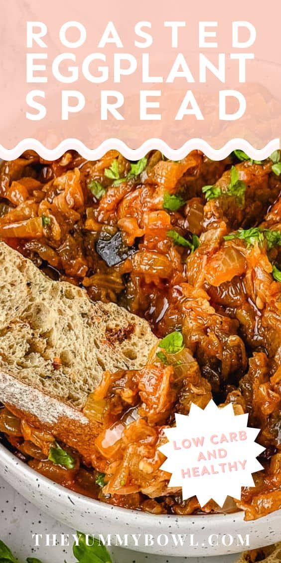 an eggplant spread in a bowl with bread and parsley