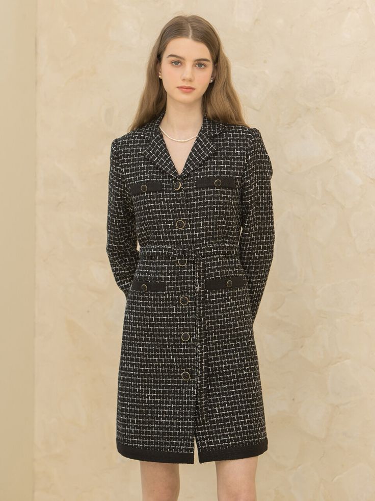 Editor's notesThis tweed dress features structured silhouette in mini length. It has belted waist and trimmed edges for a sophisticated style. - Tweed fabric- Structured silhouette- Belted waist- Mini length- Trimmed edgesMeasurements(in.)Size One Size(XS-M)- Length: 36.61 in - Shoulder: 14.96 in - Bust: 18.50 in - Waist: 18.11 in - Hem: 22.83 in - Sleeve: 23.62 in - Belt: 49.61 in * Model info: Height 5' 7 Bust 32 Waist 23 Hip 34.5Composition & Care- 80% Polyester, 20% Cotton / Trim: 100% Polyester / Lining: 100% Polyester - Dry CleaningDesigner- by CLET Winter Workwear Tweed Dress With Houndstooth Pattern, Winter Workwear Houndstooth Tweed Dress, Wool Tweed Knee-length Dress For Work, Winter Houndstooth Tweed Dress For Work, Tailored Tweed Dress For Work, Knee-length Wool Tweed Dress For Work, Black Tweed Dress For Fall Workwear, Black Tweed Houndstooth Dress For Workwear, Black Houndstooth Tweed Dress For Work