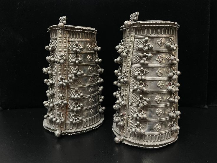 PAIR, Ancient rabari or Banjara bracelet high-end  solid tribal silver India late 1800s -  collectible tribal ethnic, rare cuff.   Each Weight 270 grams Total Together 540 grams Banjara  The Banjara are a class usually ascribed as nomadic people from the Indian state of Rajasthan, North-West Gujarat, Western Madhya Pradesh, and Eastern Sindh province of pre-independence Pakistan. They claim to belong to the clan of Agnivanshi Rajputs, and are also known as Banjari, Pindari, Bangala, Banjori, Ban Silver Anklets Designs, Anklet Designs, Antique Silver Jewelry, Pacific Grove, Handmade Pins, Madhya Pradesh, Classy Jewelry, Silver Anklets, Classic Jewelry