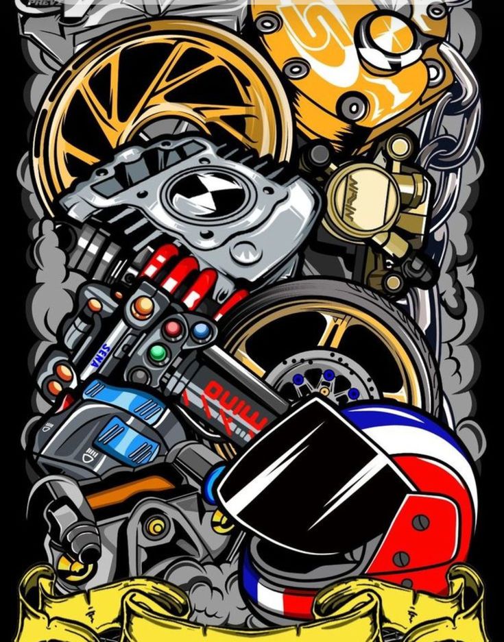 an image of a motorcycle engine and gear on a black t - shirt with yellow ribbon