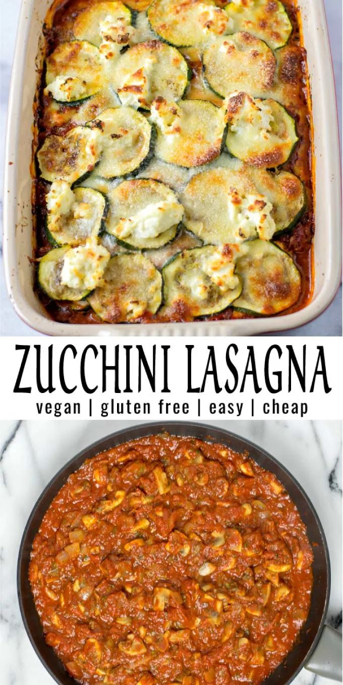 zucchini lasagna in a casserole dish with text overlay