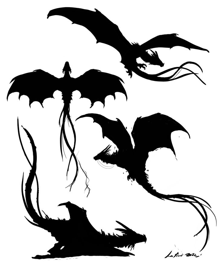 three black and white dragon silhouettes on a white background, one with wings spread out