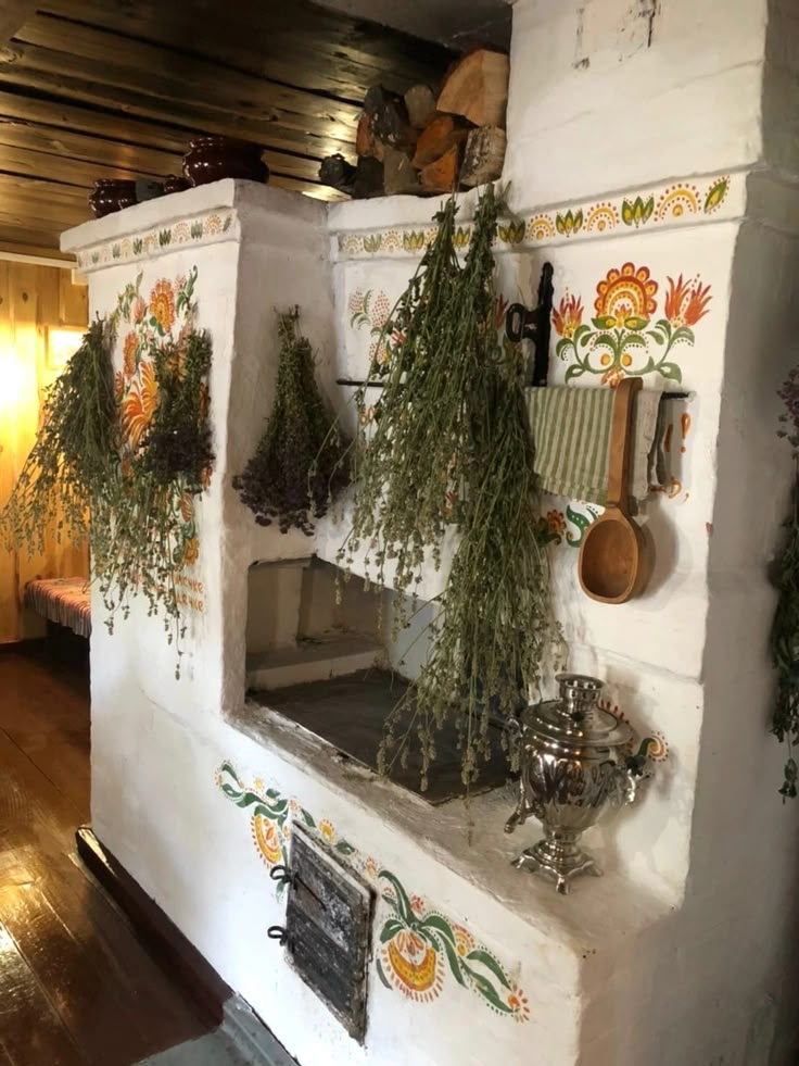 an oven with plants growing out of it's sides and hanging pots on the wall