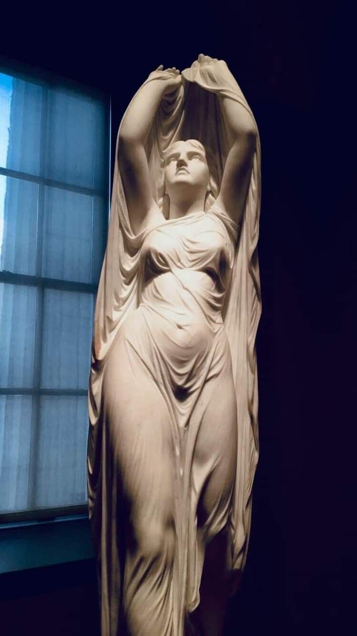 a statue is shown in front of a window