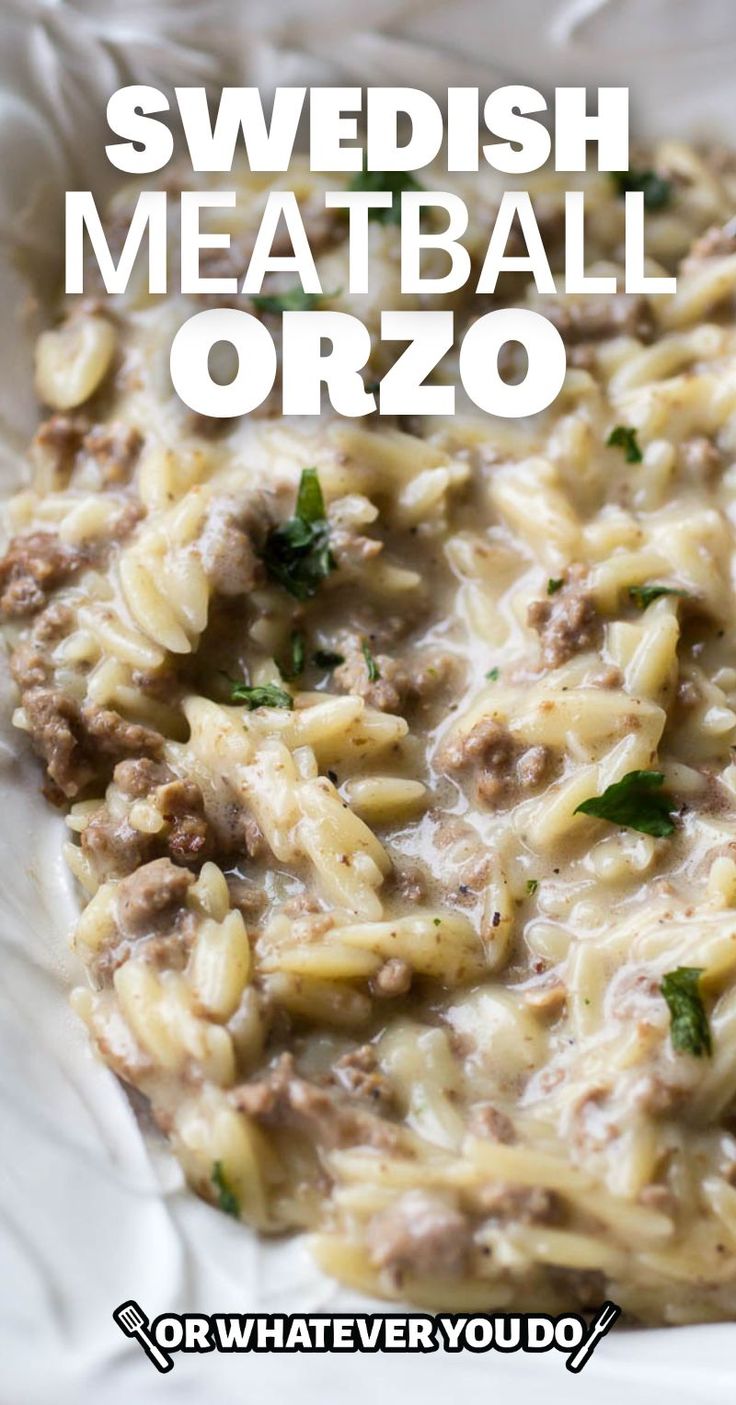 swedish meatball orzo recipe with text overlay