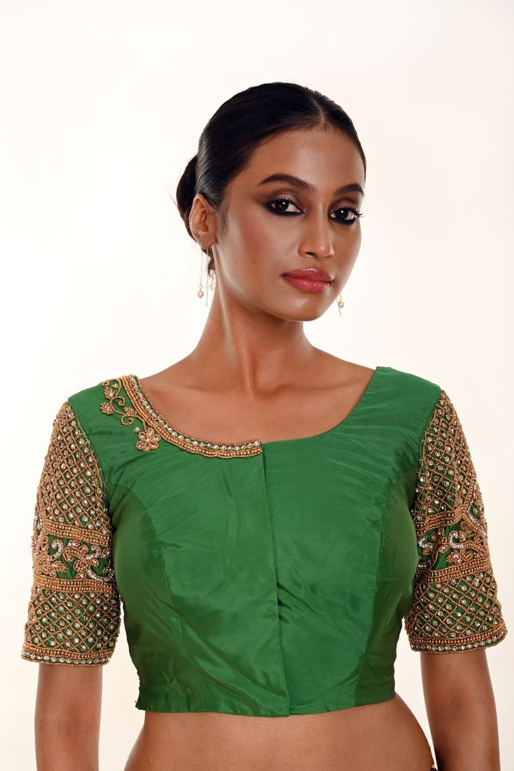 Elevate your style with this Forest Green Bridal Blouse crafted in Pure Silk featuring exquisite Zardozi Work. Perfect for pairing effortlessly with a saree or lehenga. Green Art Silk Blouse Piece With Border, Green Silk Blouse Piece With Padding, Semi-stitched Green Katan Silk Blouse Piece, Green Aari Blouse, Green Raw Silk Unstitched Blouse, Baluchari Saree, Golden Blouse, Silver Blouse, Saree Blouse Styles