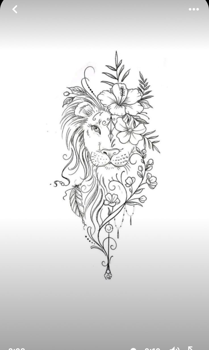 a drawing of a lion with flowers on its head