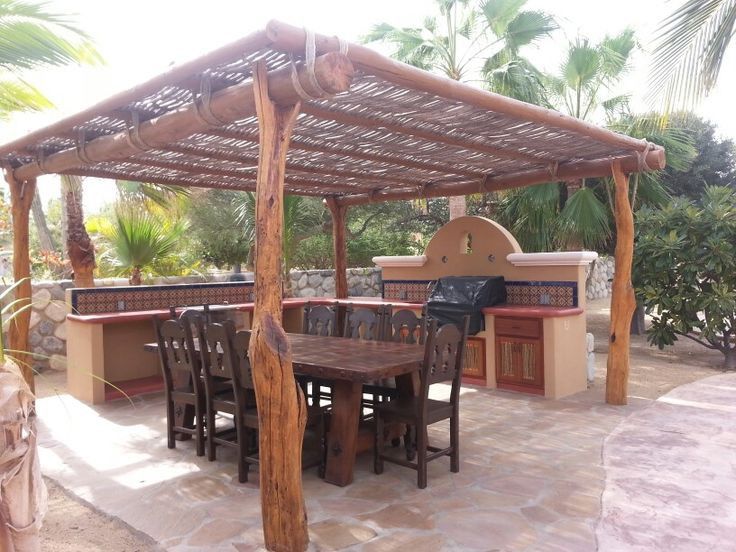 an outdoor kitchen and dining area is shown